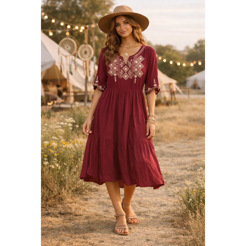 NWOT Mikarose Women's Boho Red Dress Empire Waist Ruffle Hem Pleated Midi S